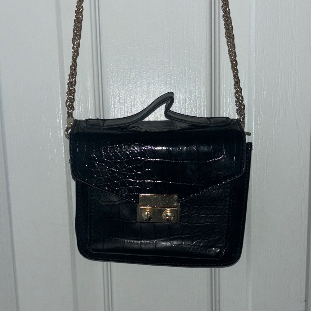 Black Croc-Embossed Chain Shoulder Bag